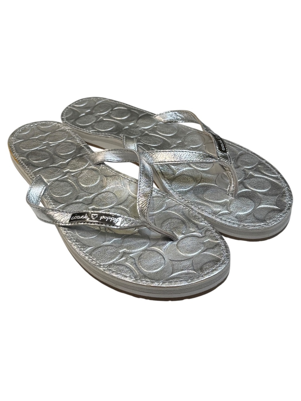 Coach Poppy Silver Metallic Leather Flip Flops Vintage Y2K Women's Size 11 B